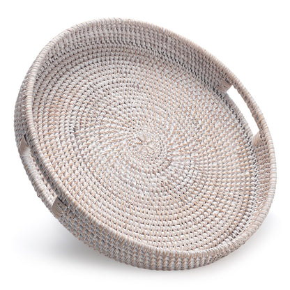 13.8 inch Round Rattan Tray, Decorative Coffee Table Tray, Ottoman Tray, Woven Serving Tray with Handles, Wicker Serving Basket, Whitewash