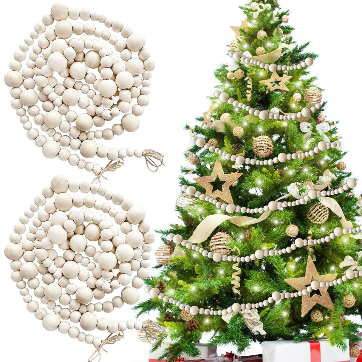 2 PCS Christmas Wooden Beads Garland,14.4Feet Natural Round Craft Bead Garland,Farmhouse Bead Garland for Boho Decorations,Christmas Tree Hanging Decorations Eerrhhaq