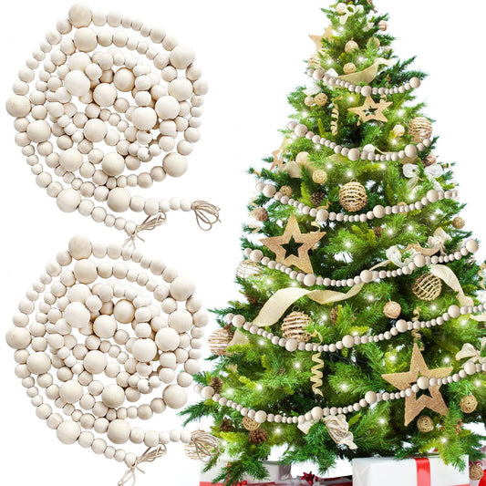 2 PCS Christmas Wooden Beads Garland,14.4Feet Natural Round Craft Bead Garland,Farmhouse Bead Garland for Boho Decorations,Christmas Tree Hanging Decorations