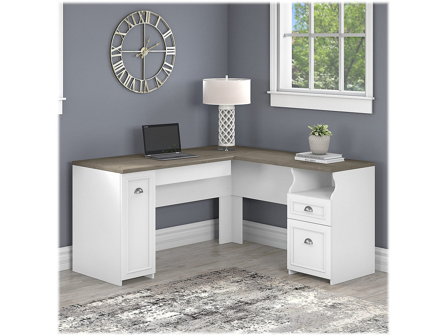 Bush Furniture Fairview L Desk, 60W, Shiplap Gray/Pure White - WoodArtSupply