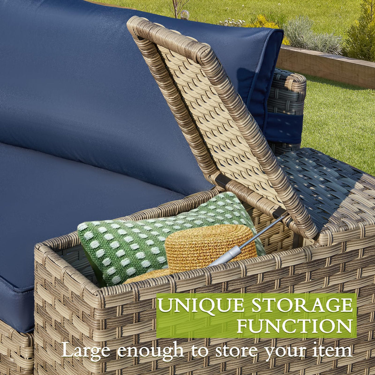 ECOTOUGE 7 Piece Outdoor Half Moon Furniture, Wicker Patio Sectional Conversation Set with 2 Storage Armrests and Glass Table, Brown Rattan Curved Sofa for Garden, Balcony and Backyard (Blue) ECOTOUGE