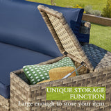 ECOTOUGE 7 Piece Outdoor Half Moon Furniture, Wicker Patio Sectional Conversation Set with 2 Storage Armrests and Glass Table, Brown Rattan Curved Sofa for Garden, Balcony and Backyard (Blue) ECOTOUGE