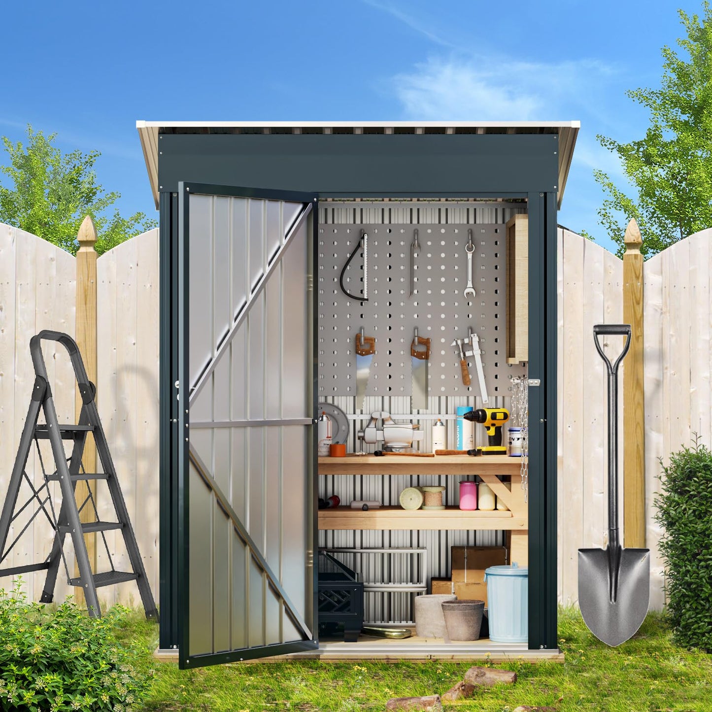 5x3FT Vertical Outdoor Steel Storage Shed with Floor Frame, Lockable Doors, Compact Metal Tool Shed for Garden, Backyard, Patio, Utility, and Bike Storage