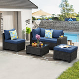 JOYURE 5 Pieces Patio Furniture set All-Weather Outdoor Wicker Sectional Conversation Sofa Rattan patio seating sofa with cushion and Glass Table and Ottoman for Porch Poolside,Navy JOYURE
