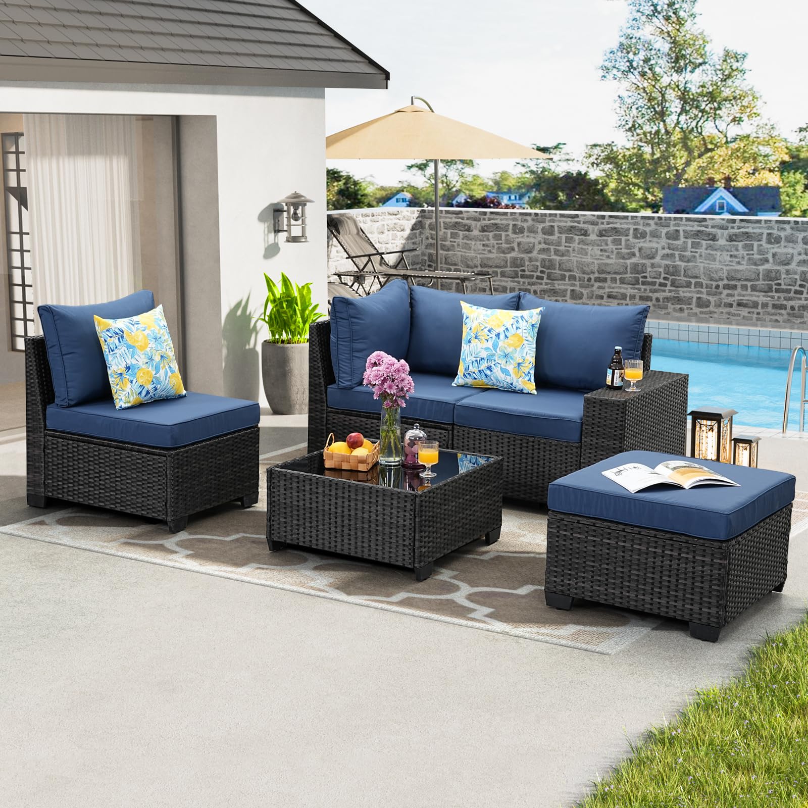 JOYURE 5 Pieces Patio Furniture set All-Weather Outdoor Wicker Sectional Conversation Sofa Rattan patio seating sofa with cushion and Glass Table and Ottoman for Porch Poolside,Navy - WoodArtSupply