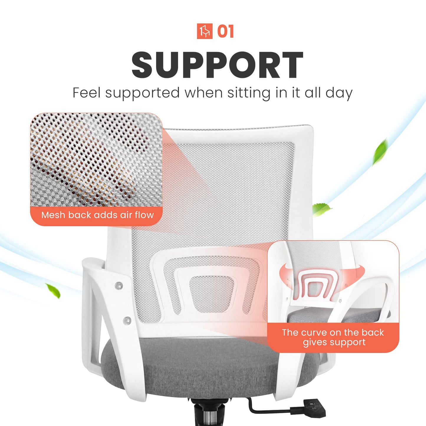 NEO CHAIR Office Chair Computer Desk Chair Gaming Ergonomic Mid Back Cushion Lumbar Support with Comfy Mesh Adjustable Swivel Rolling Home (Grey)