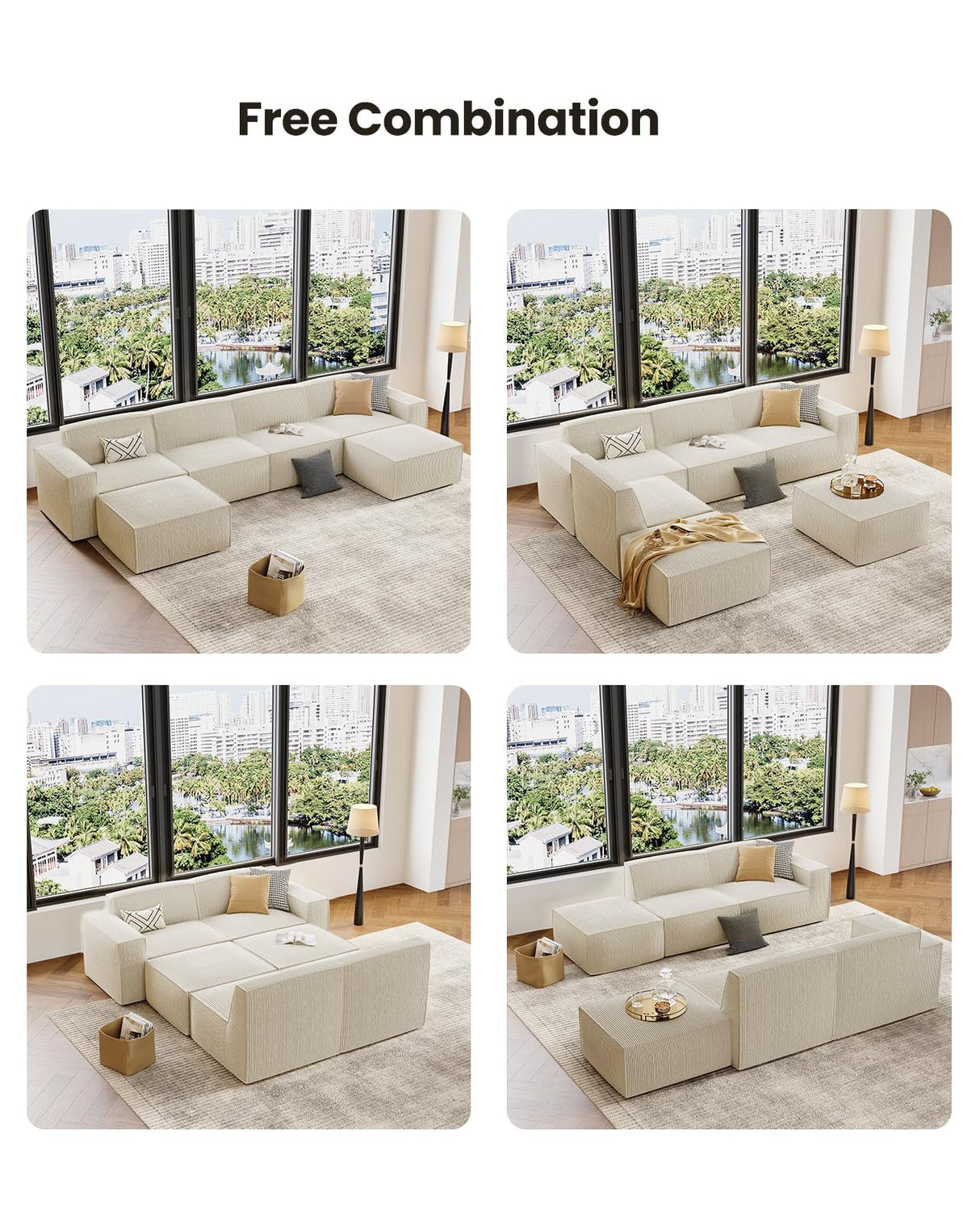 AMADA 142" Sectional Couch with L-Shape Chaise,Corduroy Cloud Couches with Deep Seats &High-Back,Upholstered Couches for Living Room Bedroom with Ottoman,No Assembly Required（4-seater&2 Ottoman，Beige） AMADA HOMEFURNISHING