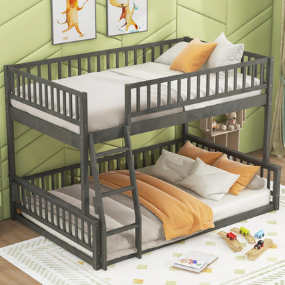 SOFTSEA Full XL Over Queen Bunk Bed, Wood Floor Bunk Bed with Safety Guardrails & Wide Ladder for Kids Teens Adults, Detachable Bunk Bed into 2 Beds, Grey