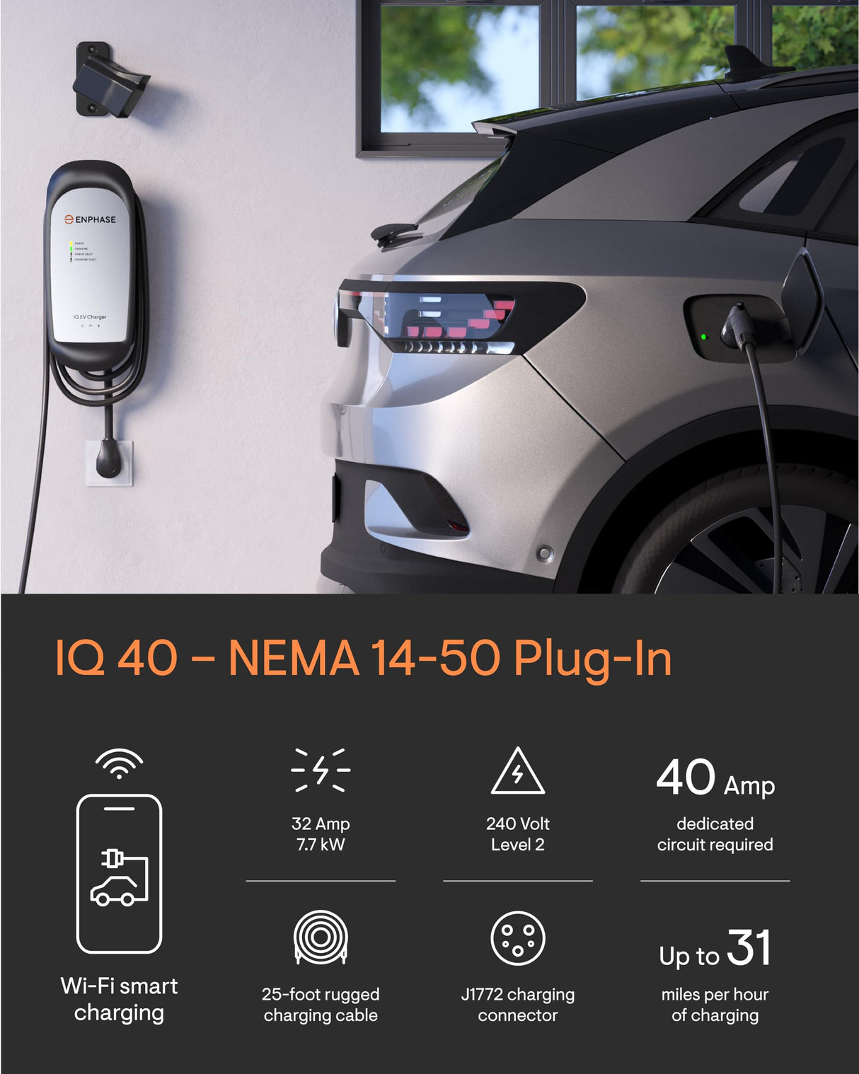 32 Amp Plug-in Smart EV Charger - Enphase IQ 40 with NEMA 14-50 Plug, 7.7kW Power, 240V, 5-Year Warranty, Wi-Fi Connected, Safety Certified, 25ft Cable & Ruggedized J1772 Connector Enphase Energy