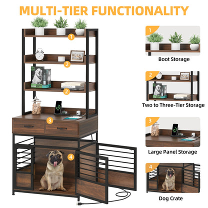 DWVO Dog Crate Furniture with Storage Shelves, Heavy Duty Dog Crate with Drawers & Charging Station, 32 Inch Dog Kennel Indoor Furniture for Medium Dogs, Modern Dog Crate with Double Doors, B - WoodArtSupply