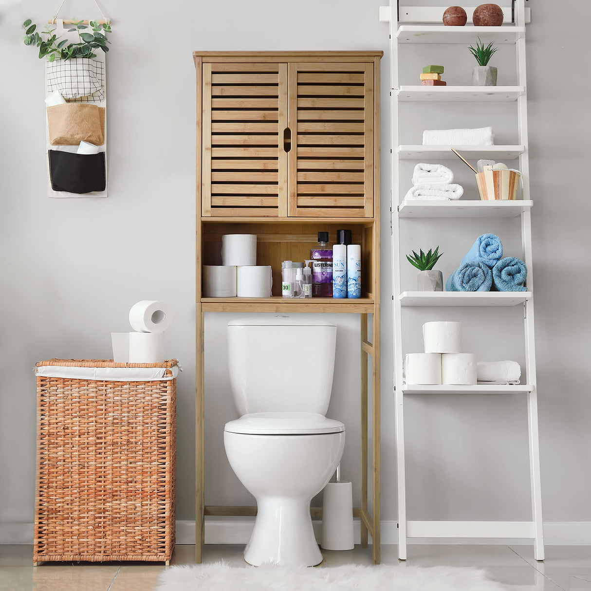 Bamboo Over-The-Toilet Storage Cabinet with Doors and Adjustable Shelves by MUPATER MUPATER