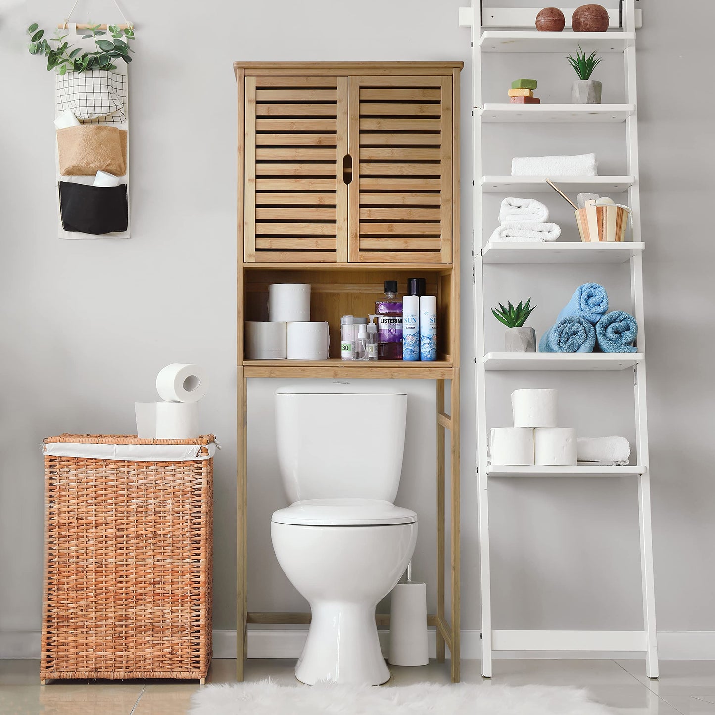 MUPATER Bathroom Over-The-Toilet Storage Cabinet with Doors and Shelves, Bamboo Over Toilet Organizer, Freestanding Tall Space Saver Toilet Rack, Natural Wood