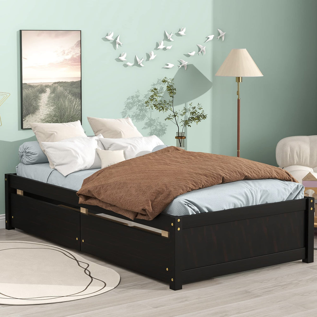 Dolonm Twin Size Solid Wood Platform Bed Frame with 2 Storage Drawers - Espresso Finish Dolonm