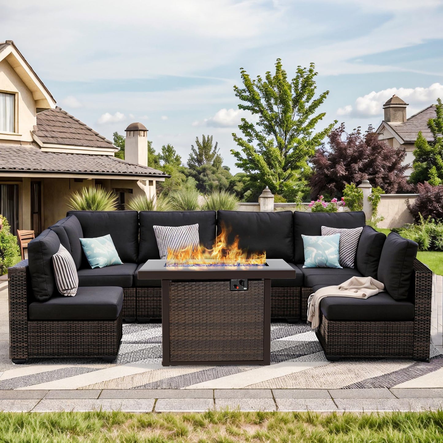 Patio Furniture Set, 7 Pieces Wicker Outdoor Furniture Set with Fire Pit Table, PE Rattan Outdoor Conversation Sofa Set, Sectional Couch with All-Weather No-Slip Cushions Waterproof Covers Black