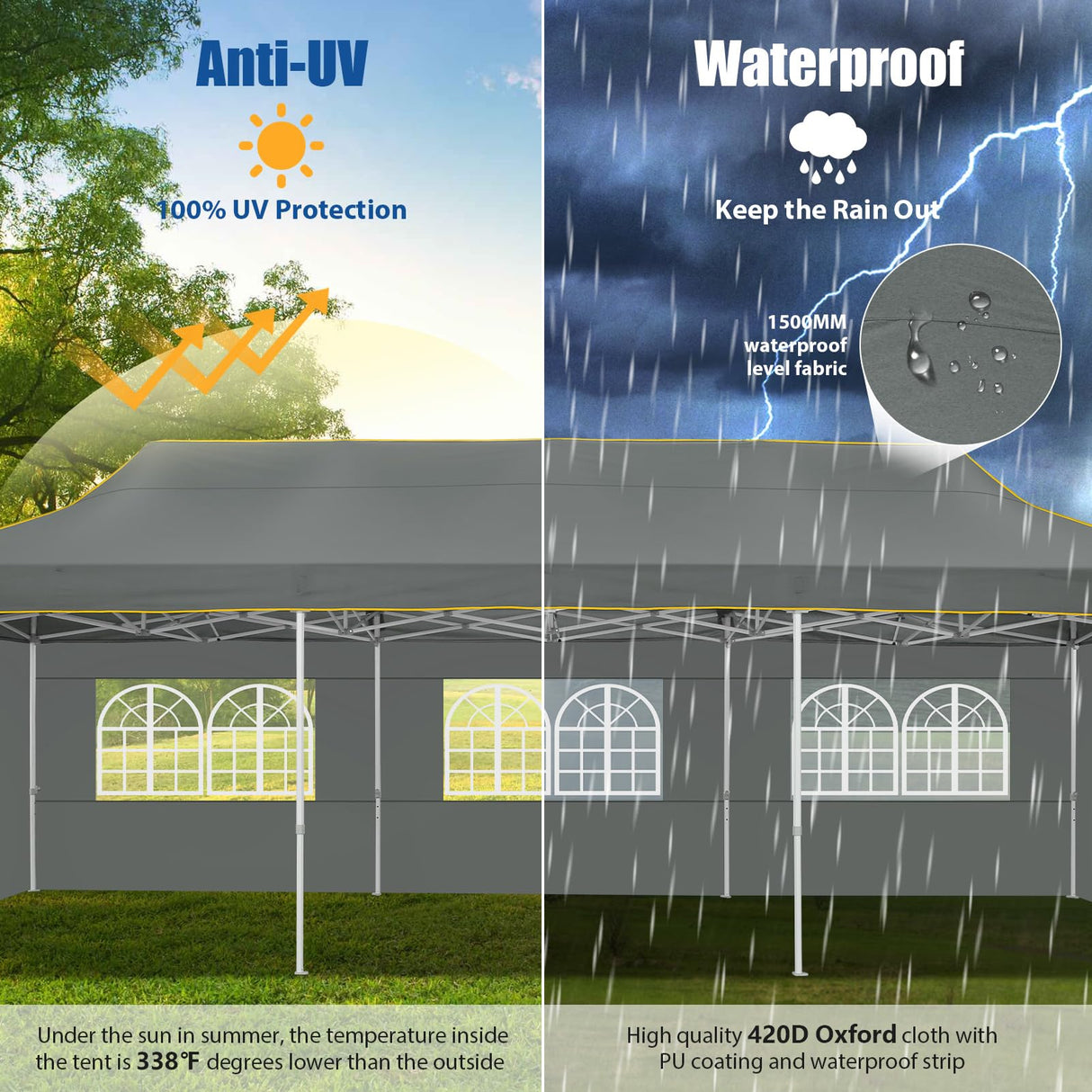 HOTEEL 10x30 Pop up Canopy Tent for Parties, Heavy Duty Easy Setup Tent with 5 Sidewalls, Outdoor Commercial Instant Gazebo for Wedding Event, with Roller Bag & Sand Bags, Grey(Hexagonal Frame) Hoteel