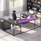 DWVO U Shaped Desk with Drawers, 79" Reversible L Shaped Desk with Power Outlets & LED Lights, Corner Computer Desk with Monitor Stand & Storage Shelves, Grey DWVO