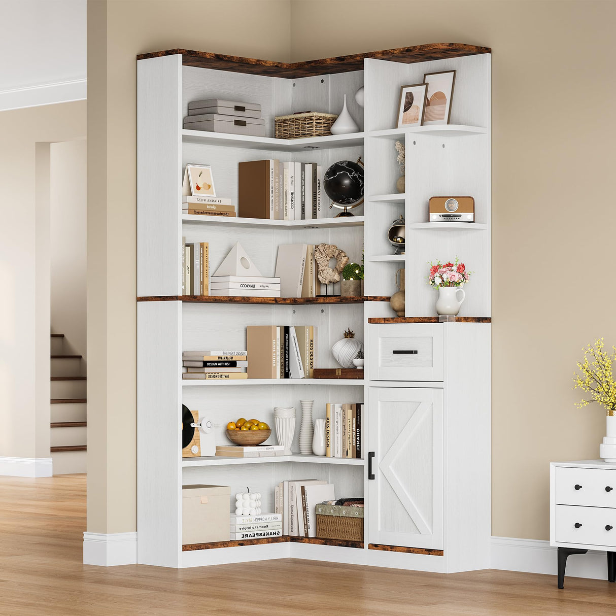 Garvee 74'' Tall Corner Bookshelf - 6-Tier Book Shelf with Drawer and Cabinets, l-Shaped Bookcase Open Storage Shelves Modern Display Shelf for Home, Office Garvee