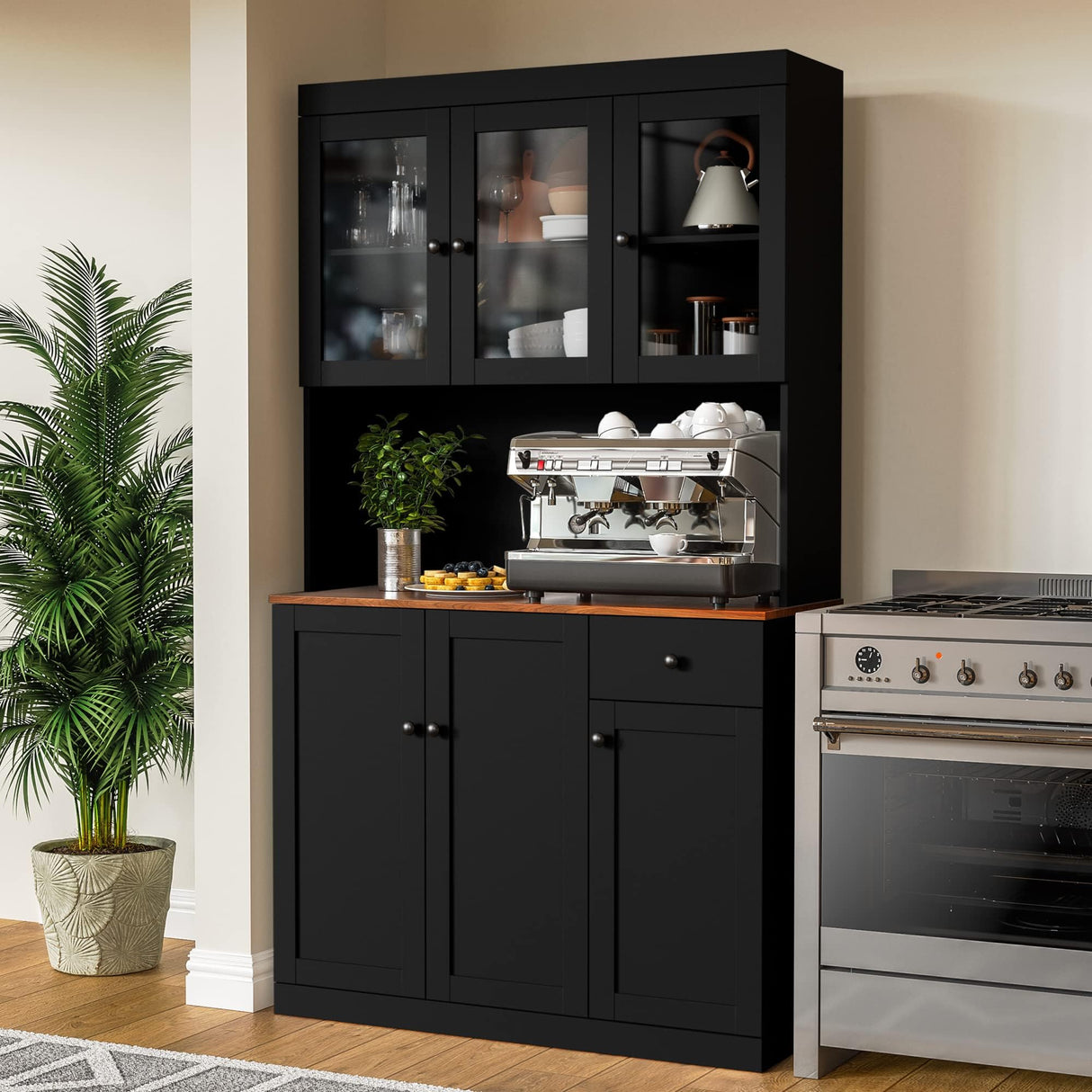 Cozy Castle Tall Kitchen Pantry Cabinet with Microwave Shelf, Modern Large Freestanding Sideboard Cupboard Kitchen Hutch Cabinet with Storage Countertop and Drawer for Dining Room, Living Room, Black Cozy Castle