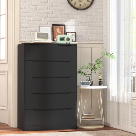 Greenvelly Black Dresser,Tall 6-Drawer Dresser for Bedroom, Wood Dresser with 6 Large Drawers, Wooden Dressers & Chests of Drawers, Black dresser with Smooth Metal Rail for Nursery, Women, Family Greenvelly
