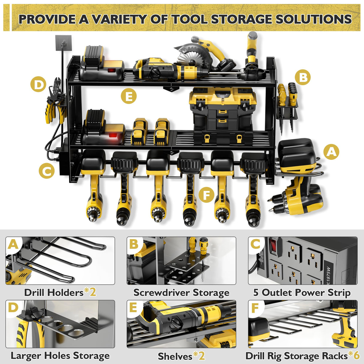 Power Tool Organizer Wall Mount with Charging Station, Cordless Drill and Battery Holder Shelf for Garage Organization,Heavy Duty Metal Tool Rack Storage, Load 300lbs, Built in 5 Outlet Power Strip massooan