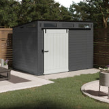Suncast Modernist 10 Foot by 7 Foot Outdoor Plastic Storage Shed with Pad Lockable Sliding Barn Door for Outdoor Storage Items, Gray and Black Suncast