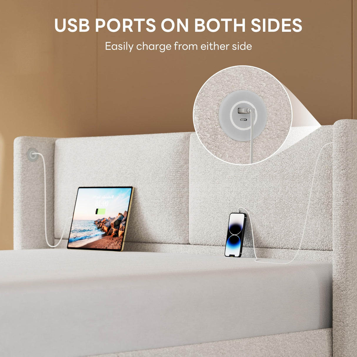 LIKIMIO Full Bed Frame with USB Ports, Upholstered Bed Frames with Headboard, Cloud Bed Frame No Box Spring Needed, Cream White LIKIMIO