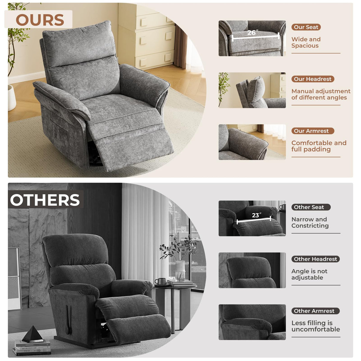 Rhevoy Oversized Power Recliner Chair Swivel Glider with Massage and Heat, Rocker Nursery Recliner for Adults with Adjustable Headrest, 26" Extra Wide Nursery Chair with Overstuffed Armrest, Dark Grey Rhevoy