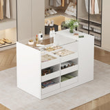 LIVAUVEAD Closet Island with Drawers, Wardrobe Armoire Bedroom Island, Glass Display Shelf & 15 Drawers, White Dresser with Glass Top, Walk-in Closet Island for Bedroom, Cloakroom LIVAUVEAD