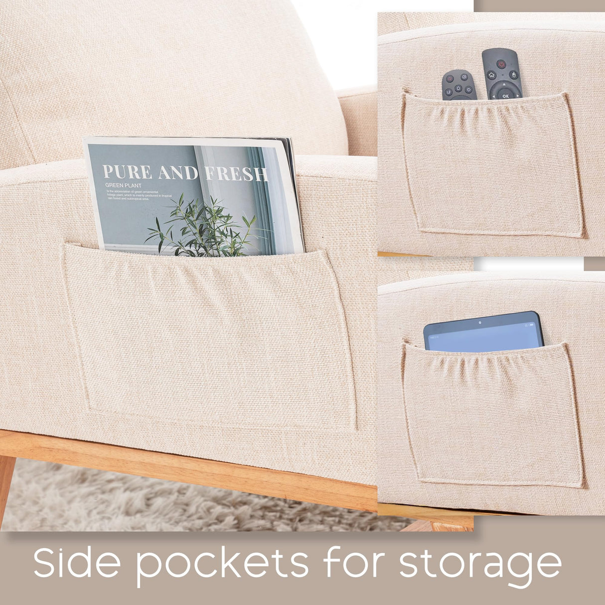 YUUIJOAA Rocking Chair Nursery - Glider Modern Accent Chairs Upholstered Linen Nursing Rocker Padded Armchair for Indoor Living Room Bedroom Beige YUUIJOAA