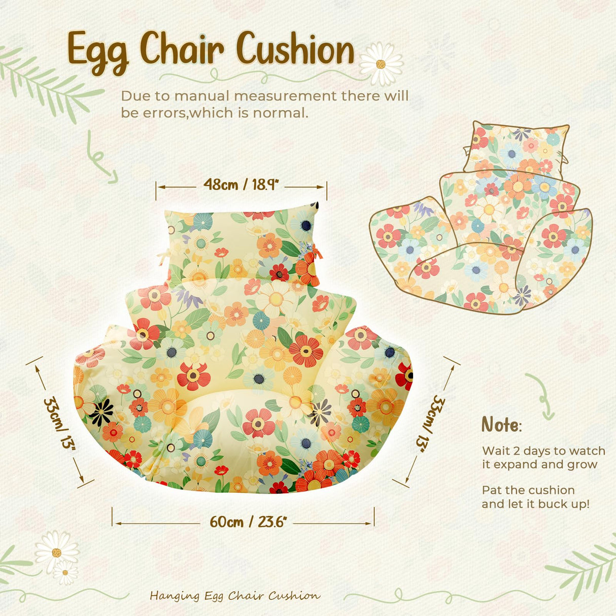 Uthem Waterproof Egg Chair Cushion Replacement 47x31.5x4.7 inch Thicken Hanging Egg Swing Chair Cushion Indoor Outdoor Wicker Rattan Hammock Basket Cushion with Headrest Pillow, Daisy Uthem