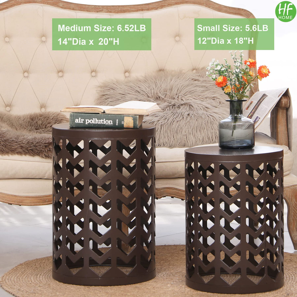 HFHOME Round Nesting Coffee Tables, Set of 3 End Tables for Living Room Balcony Office, Heavy Duty Metal Stacking Side Tables for Home Indoor - Brown HFHOME