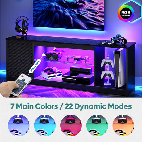 Bestier Led Entertainment Center for PS5, Gaming TV Stand with Cabinet for 60/65 Inch TV, Modern TV Console with Adjustable Glass Shelf for Living Room Easy Assembly Carbon Fiber Black Bestier