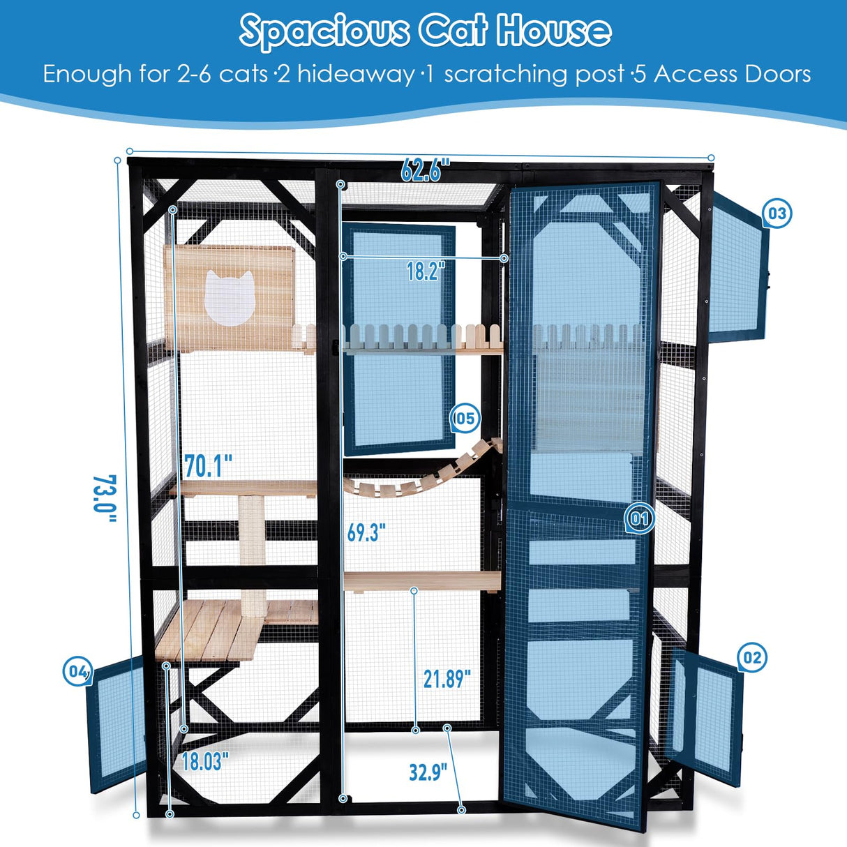 FunXplore Large Catio Outdoor Cat Enclosure Window 73" H Walk-in Cat House Kitty Cage for Multiple Indoor Outdoor Cats Outside Patio with 5 Access Doors Waterproof Roof FunXplore