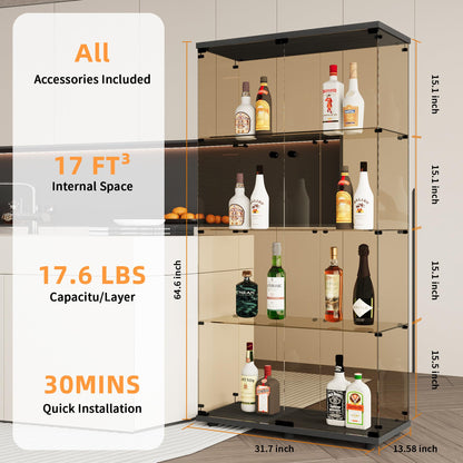 LFT HUIMEI2Y 4-Shelf Brown Glass Display Cabinet with Double Doors, Curio Cabinets Tempered Glass Floor Standing Bookshelf for Bedroom, Kitchen, Living Room 64”x 17”x 14.5” Black