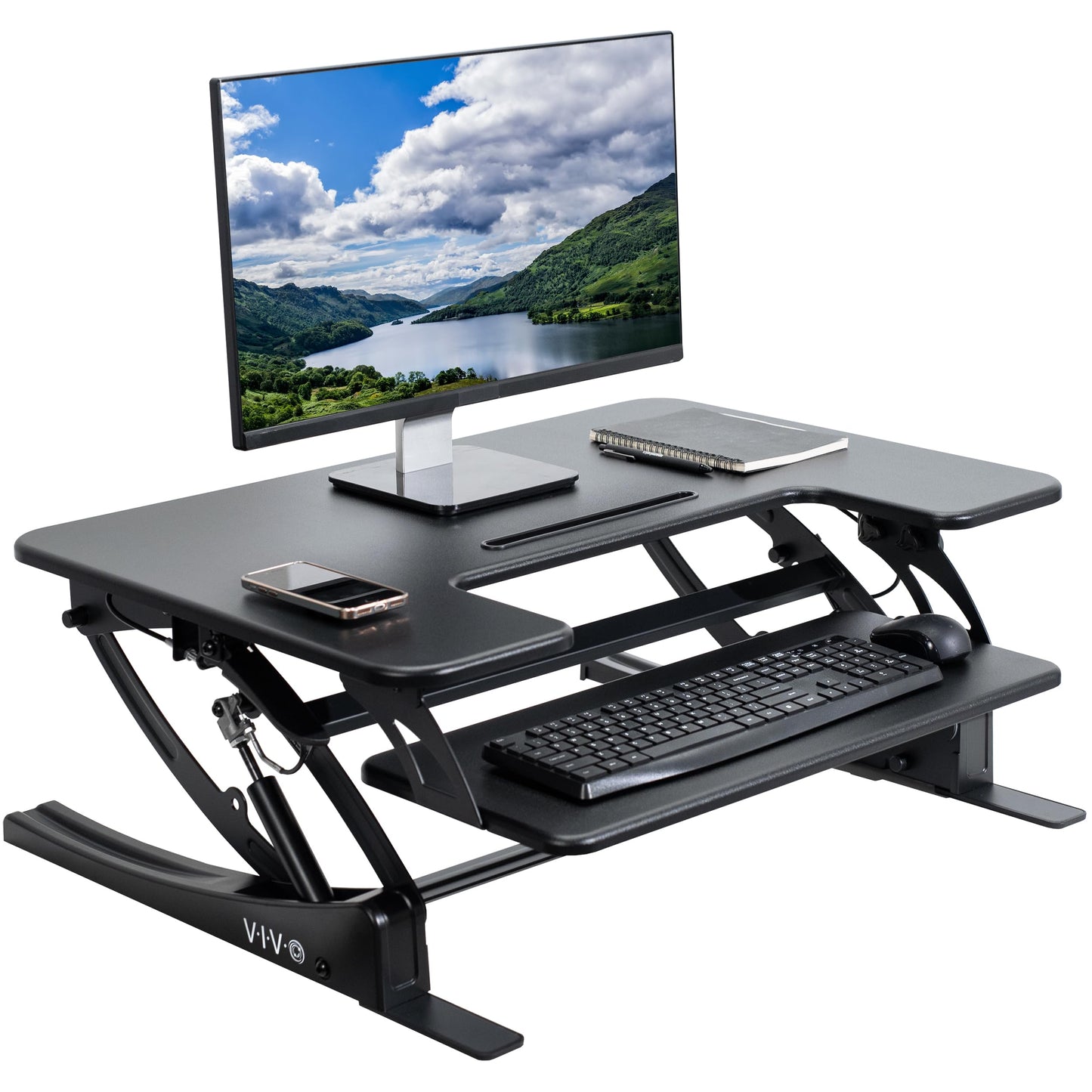 VIVO 32 inch Height Adjustable Stand Up Desk Converter, V Series, Quick Sit to Stand Tabletop Dual Monitor Riser Workstation, Black, DESK-V000VS