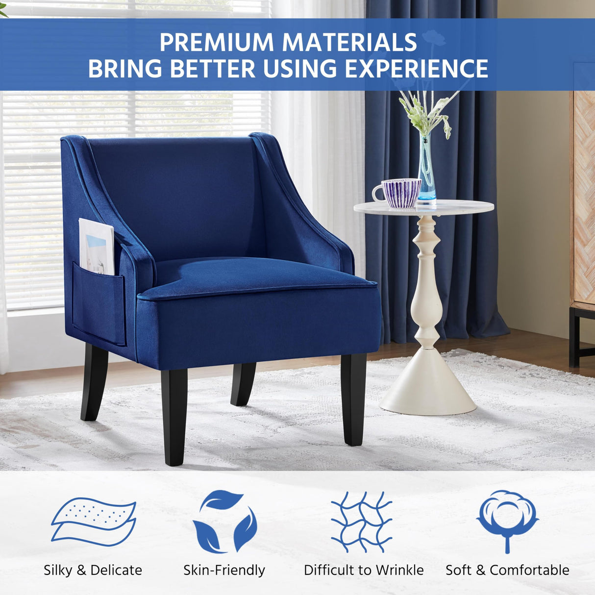 Yaheetech Mid-Century Accent Chair, Velvet Club Chair with Pocket, Wood Frame Comfy Barrel Chair for Living Room/Waiting Room/Bedroom, Blue Yaheetech