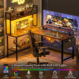 Aheaplus L Shaped Gaming Desk with Power Outlets & LED Lights, Small L-Shaped Desk Computer Corner Desk with Monitor Stand & Storage Shelf, Home Office Desk Writing Desk with Storage Bag, Rustic Brown Aheaplus