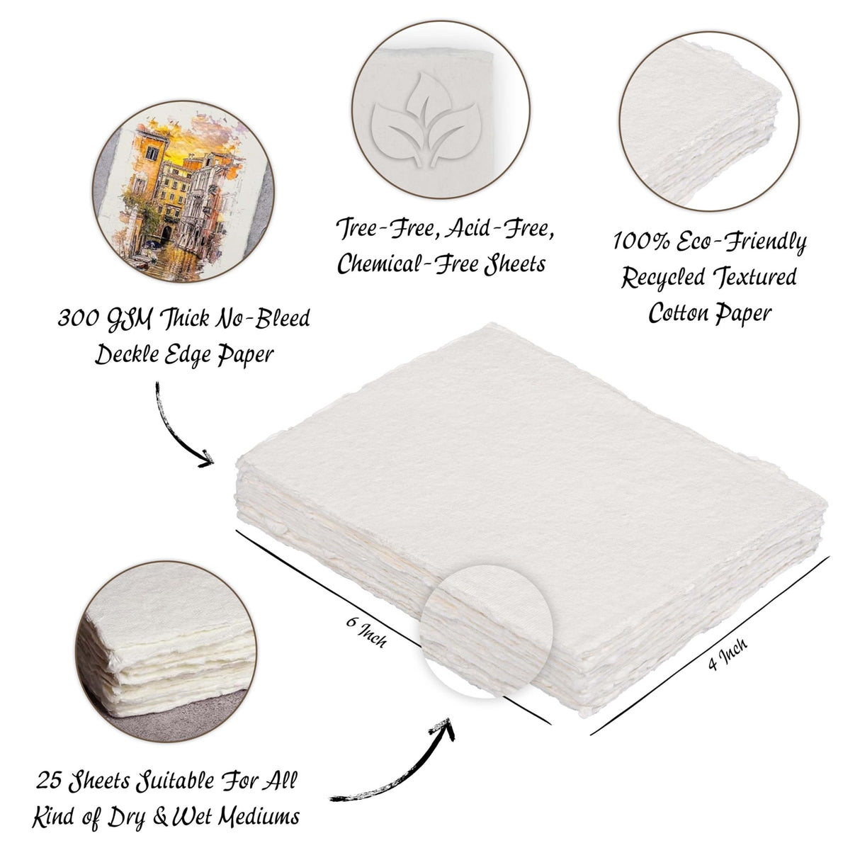 LEATHER VILLAGE Watercolor Paper, 140lb(300gsm), 6x4 Inches, 25 Sheets, Handmade Deckle Edge Paper, Textured, Mixed Media, Cold Press Pad for Calligraphy, Sketching, Crafts and Painting LEATHER VILLAGE