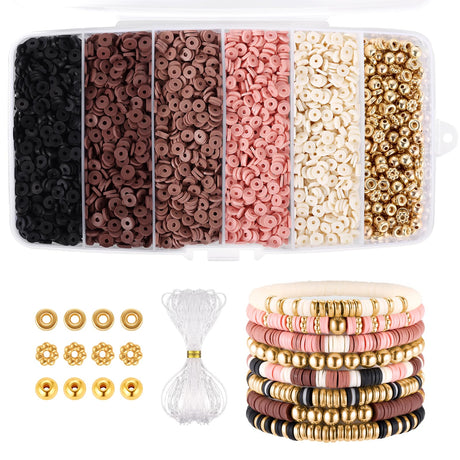 Funtopia 5200+ Pcs Brown Clay Beads Bracelet Making kit, Heishi Beads Polymer Clay Beads for Jewelry Making, Friendship Bracelet Kit with Gold Beads Charms for Girls Adults (6mm) Funtopia