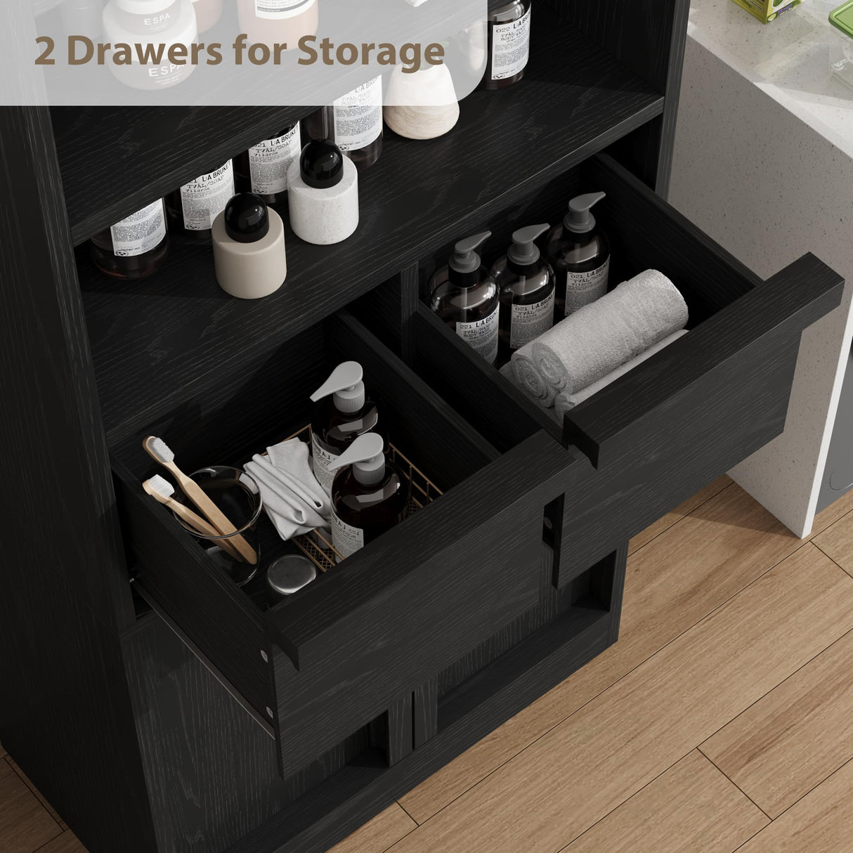 GarveeHome Tall Bathroom Cabinet, Floor Storage Cabinet with Doors & 2 Drawers, 51" H Tall Organizer Cabinet Freestanding for Bathroom, Living Room, Kitchen & Pantry (Black) GarveeHome