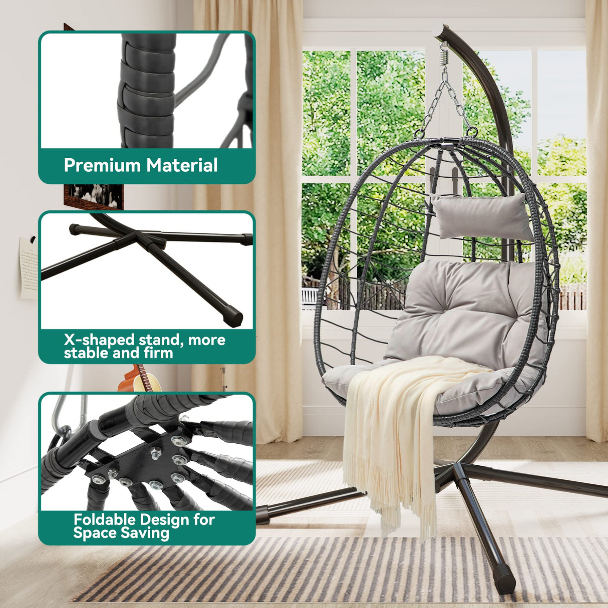 YITAHOME Hanging Egg Swing Chair Outdoor Wicker Hammock Chairs Indoor with Steel Stand UV Resistant Cushion 350lbs for Patio, Bedroom, Garden and Balcony, Gray YITAHOME