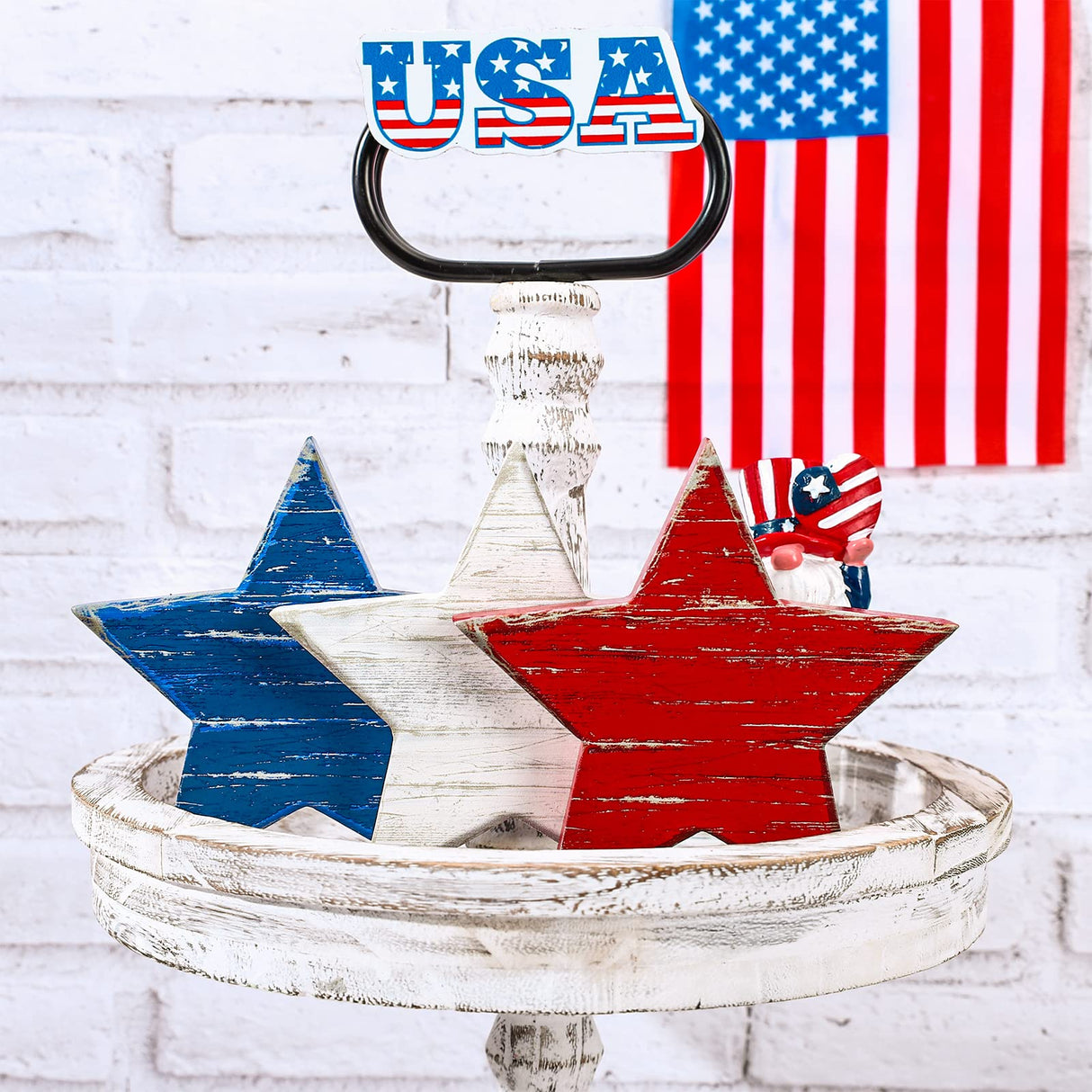Whaline 4th of July Wooden Star Signs Patriotic Rustic Star Shape Tiered Tray Decor Red Blue White Wood Star Blocks Retro Freestanding Table Signs for Independence Day Farmhouse Home Decor, 3Pcs Whaline