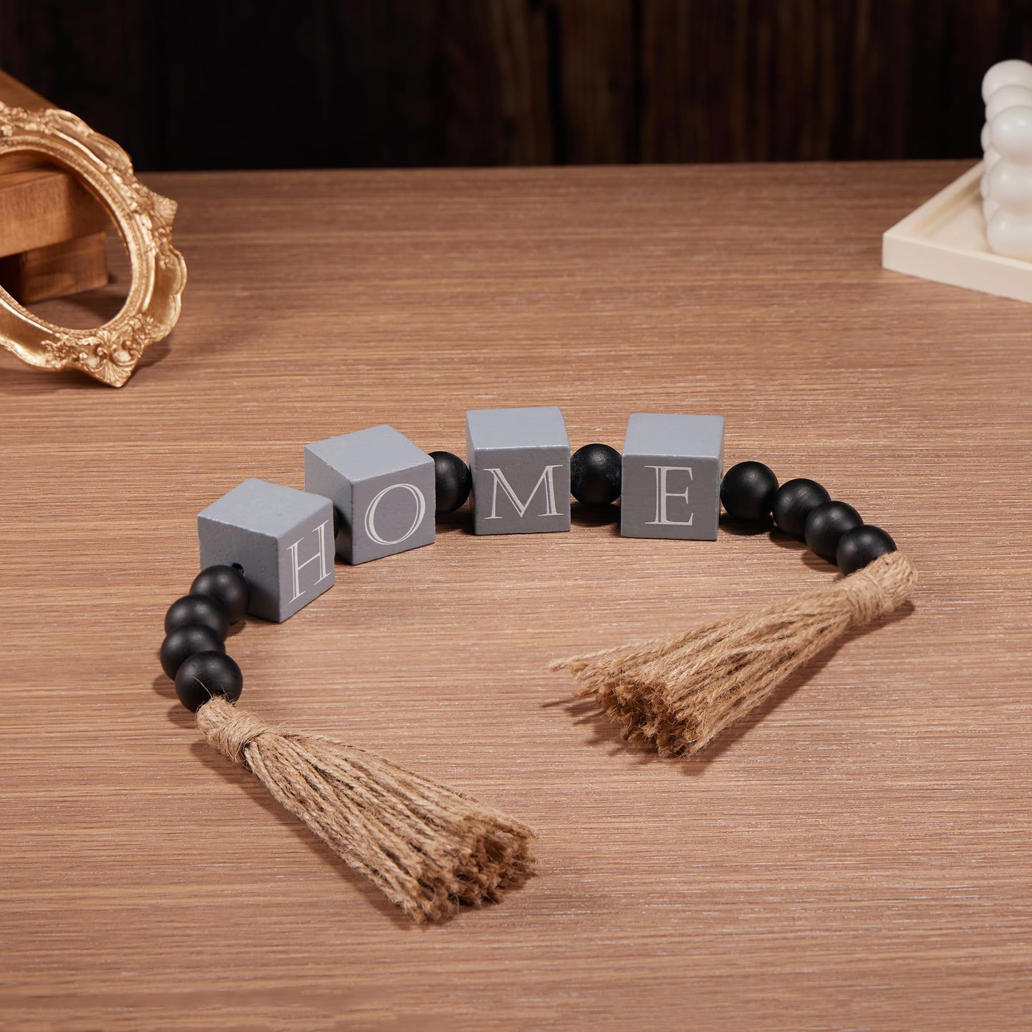 Soonow Wood HOME Sign Block & Bead Garland with Jute Tassel for Home Decor, Modern Farmhouse Decoration for Tabletop, Mantel, Shelf, Tiered Tray Decor (Grey)