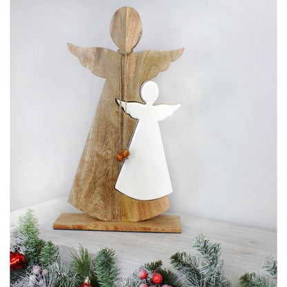 AuldHome Wood Enamel Nesting Angel Statue; Primitive Farmhouse Christmas Decor Figurine