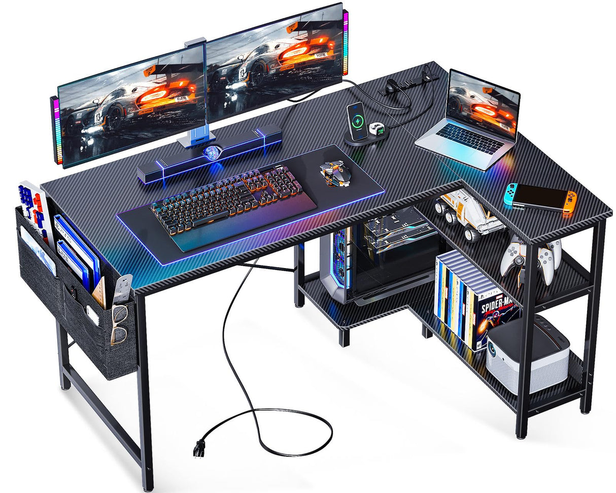 ODK 48 Inch Small L Shaped Gaming Computer Desk with Power Outlets, Corner Desk with Reversible Storage Shelves & PC Stand for Small Space, Modern Simple Home Office Table, Carbon Fiber Surface, Black ODK