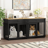 DAWNSPACES Dog Kennel Furniture, 64.6 Inch Heavy Duty Wooden Large Furniture Style Dog Crate with Drawers & Divider, Indoor Dog House TV Stand with Double Rooms for Medium Small Dogs, Black DAWNSPACES