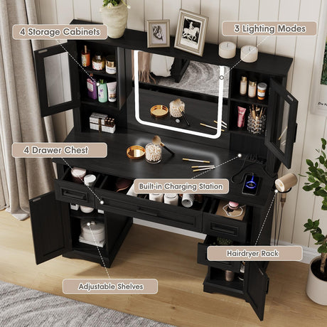 Maupvit Farmhouse Vanity Desk with Mirror and Lights, Makeup Vanity Table with Charging Station, 45" Bedroom Table with 4 Drawers and Cabinets, 3 Lighting Modes, Black Maupvit