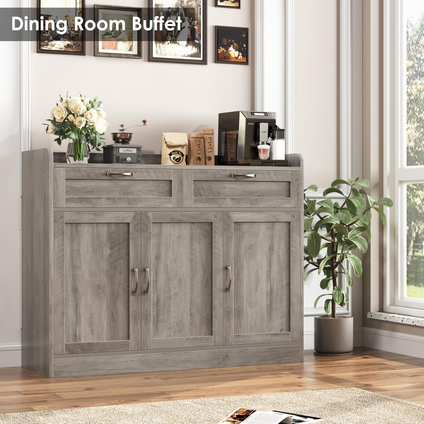 Sideboard Buffet Cabinet with 2 Storage Drawers 3 Doors Coffee Bar Cabinet with Adjustable Shelf, Farmhouse Wood Storage Cabinet for Kitchen Dining Room Coffee Bar, 47.2” Large Tabletop, Rustic