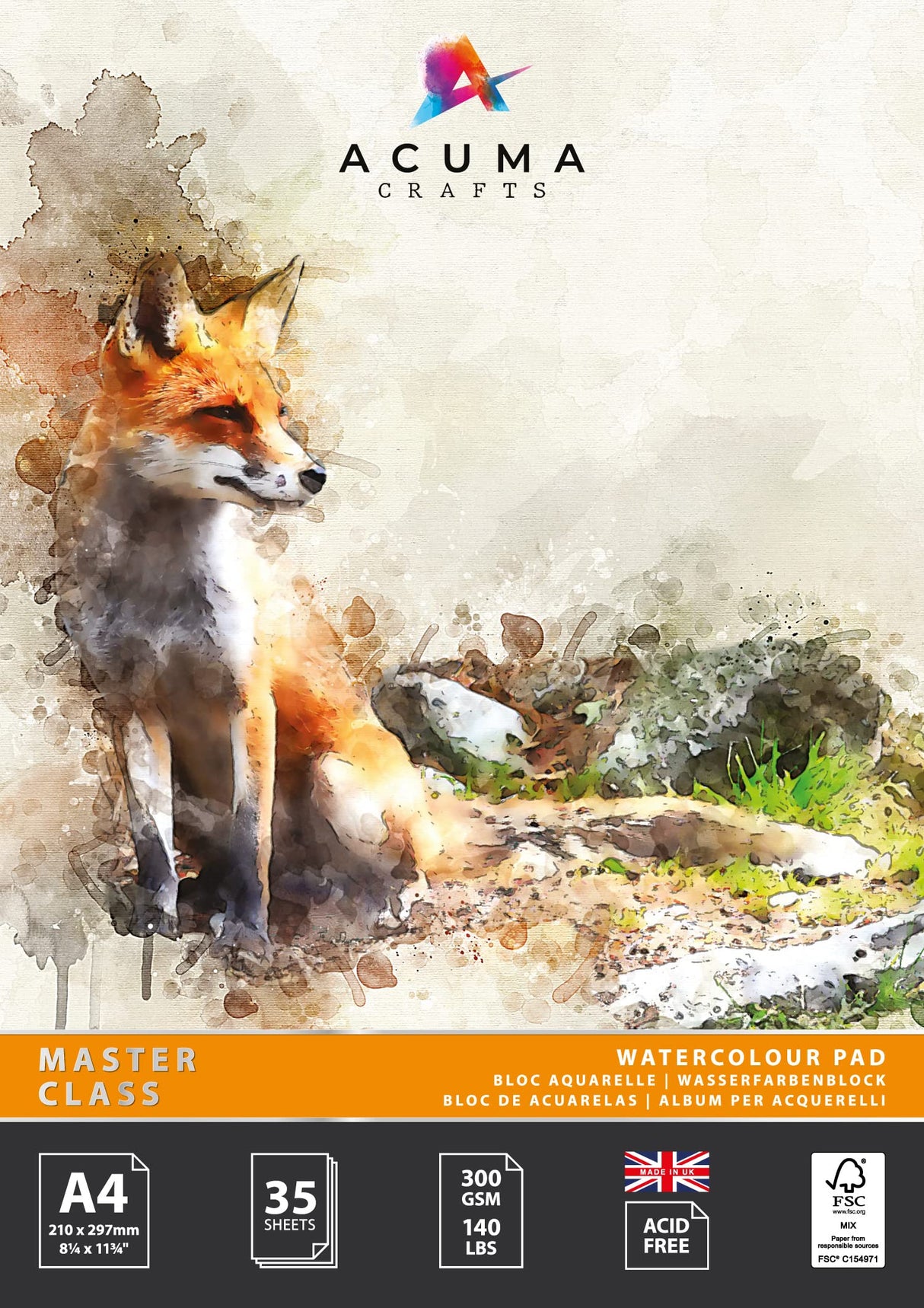 Watercolor Paper Artist Art Pad 35 Sheets, 140lb/300 GSM, Glue Bound, Acid Free, Cold Pressed for Artists Drawing and Sketching Techniques, Made in UK Acuma Crafts