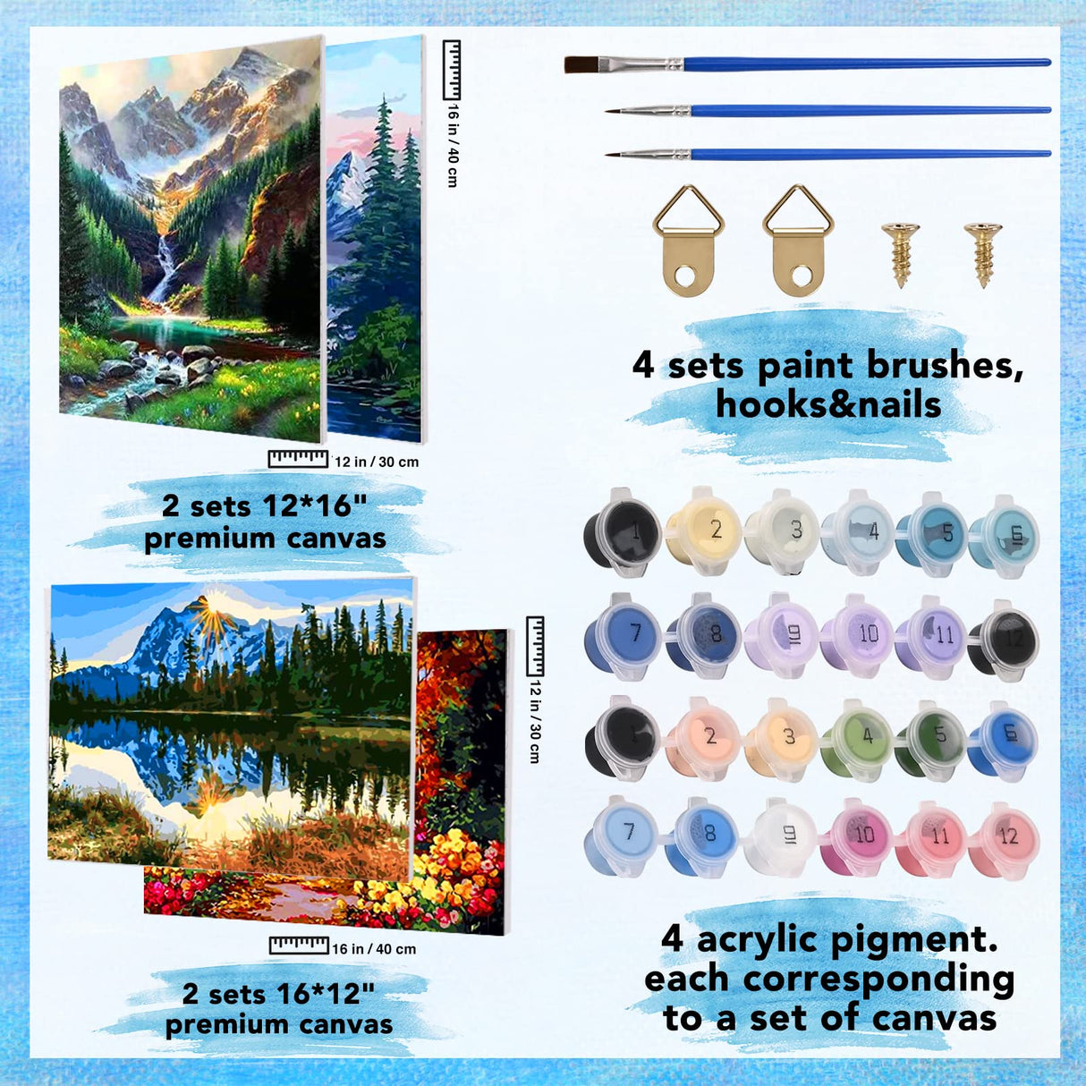 Fycert Paint by Numbers Kit for Adults Kids - Crafts DIY Paint by Numbers Kits for Beginners - Color by Numbers Pack on Canvas Painting Kit - Acrylic Paint on Mountains Lake Fycert